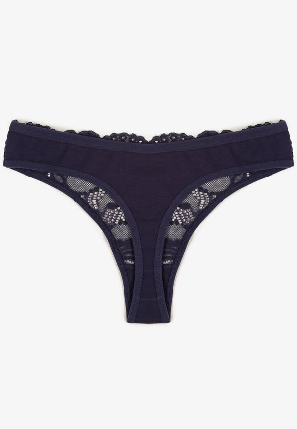 Born2be - Granatowe Koronkowe Majtki Stringi z Bawełny Venalora. Kolor: niebieski. Materiał: bawełna, koronka