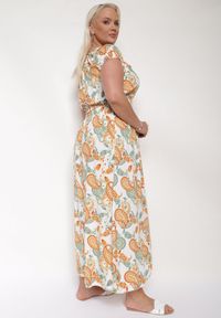 Born2be - Biało-Pomarańczowa Bawełniana Sukienka z Gumką w Pasie Zilletta. Kolor: biały. Materiał: bawełna. Sezon: lato #3