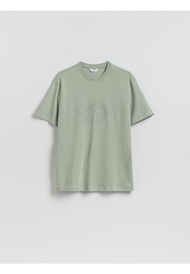 Reserved - T-shirt regular z nadrukiem - jasnoturkusowy. Kolor: turkusowy. Materiał: dzianina, bawełna. Wzór: nadruk