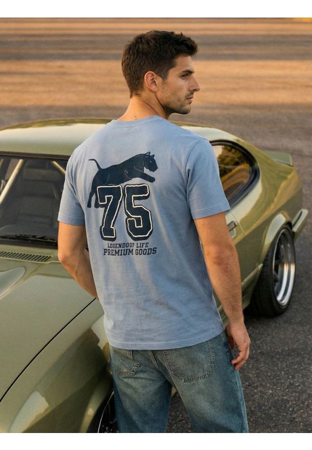 Sinsay - Bawełniana koszulka z nadrukiem na plecach - niebieski. Kolor: niebieski. Materiał: bawełna. Wzór: nadruk