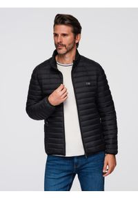 Ombre Clothing - Klasyczna kurtka męska pikowana z możliwością pakowania w worek - czarna V1 - Rozmiar: M. Typ kołnierza: kołnierzyk stójkowy. Kolor: czarny. Materiał: poliester, materiał, nylon. Styl: klasyczny #1