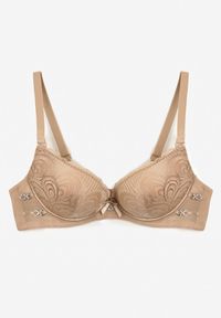 Renee - Ciemnobeżowy Biustonosz z Koronki Typu Push-Up z Usztywnionymi Miseczkami i Zdobieniami Ellalli. Kolor: beżowy. Materiał: koronka. Rodzaj stanika: push-up. Wzór: koronka, aplikacja