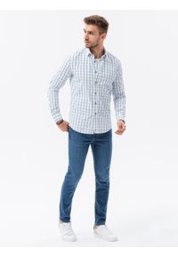Ombre Clothing - Bawełniana koszula męska w kratę REGULAR FIT - biało-niebieska V2 K637 - L. Kolor: biały. Materiał: bawełna. Wzór: nadruk