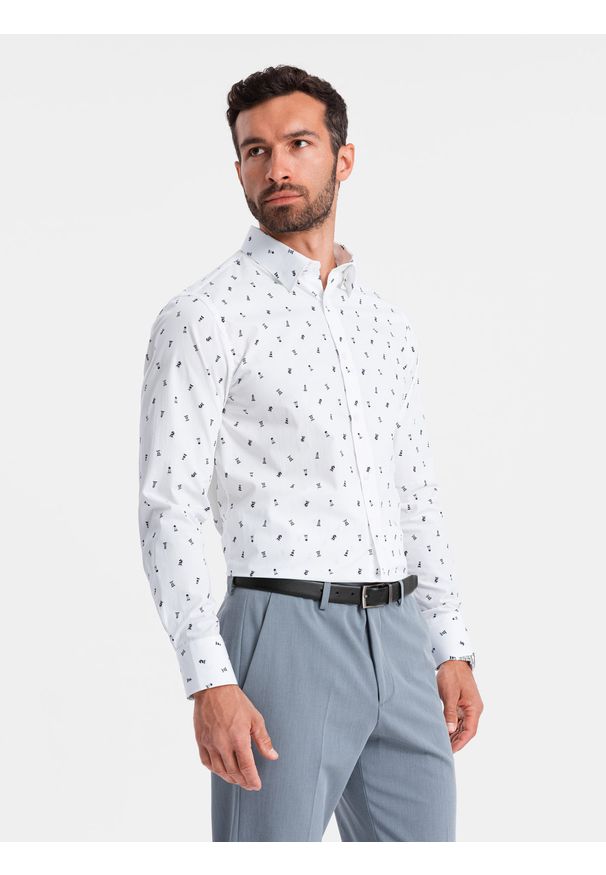 Ombre Clothing - Męska koszula bawełniana we wzory SLIM FIT - biała V2 - Rozmiar: M. Kolor: biały. Materiał: bawełna. Styl: klasyczny