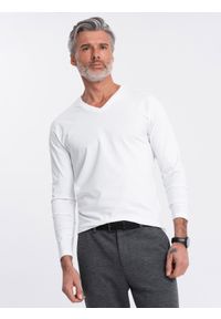 Ombre Clothing - Longsleeve męski bez nadruku z dekoltem w serek - biały V3 - Rozmiar: XXL. Okazja: na co dzień. Typ kołnierza: dekolt w serek. Kolor: biały. Materiał: materiał, bawełna. Długość rękawa: długi rękaw. Długość: długie. Wzór: gładki, jednolity. Styl: klasyczny, casual, elegancki #4