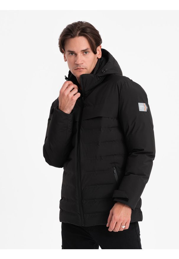 Ombre Clothing - Zimowa kurtka męska z odpinanym kapturem - czarna V3. Kolor: czarny. Materiał: poliester, polar. Sezon: zima