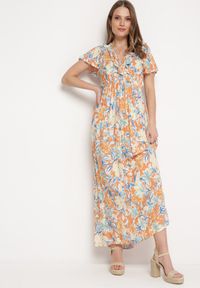 Born2be - Beżowo-Niebieska Sukienka z Wiskozy z Gumką w Pasie z Kopertowym Dekoltem i Falbanką Wondria. Kolor: beżowy. Materiał: wiskoza. Typ sukienki: kopertowe #7