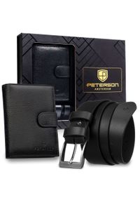 Zestaw prezentowy: skórzany, pionowy portfel męski w czarnym kolorze z systemem RFID i pasek ze skóry ekologicznej - Peterson. Kolor: czarny. Materiał: skóra ekologiczna #1