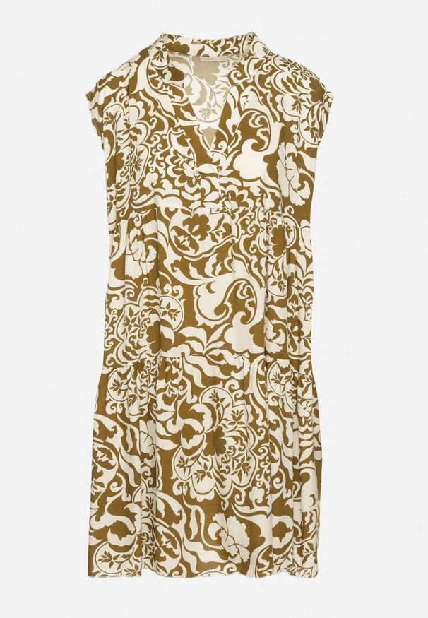 Born2be - Ciemnozielona Bawełniana Sukienka o Kroju Oversize w Ornamentny Wzór Izelona. Okazja: na co dzień. Kolor: zielony. Materiał: bawełna. Typ sukienki: oversize. Styl: casual, klasyczny