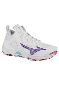 Mizuno - Buty do siatkówki damskie, Wave Momentum 3 Mid. Kolor: biały. Materiał: guma, skóra, tkanina, materiał, syntetyk. Model: Mizuno Wave. Sport: siatkówka