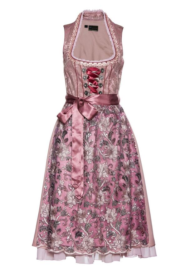 Sukienka w ludowym stylu w żakardowy deseń, z haftowanym fartuchem bonprix różowo-brązowy wzorzysty. Kolor: różowy. Materiał: żakard. Wzór: haft