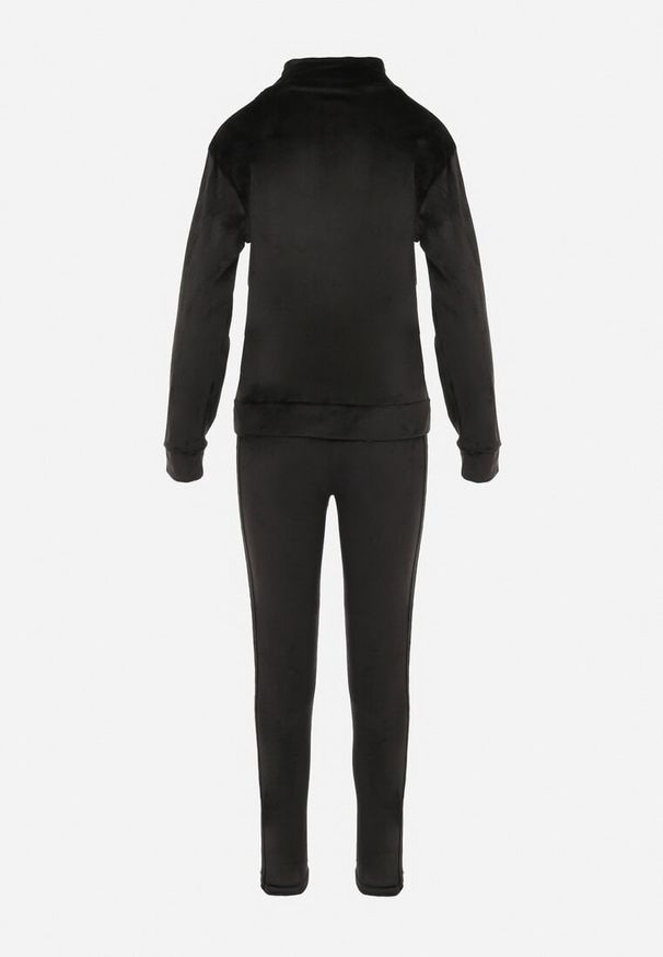 Born2be - Czarny Welurowy Komplet Dresowy z Ozdobnymi Lampasami i Ściągaczami Blisona. Kolor: czarny. Materiał: welur, dresówka. Wzór: aplikacja