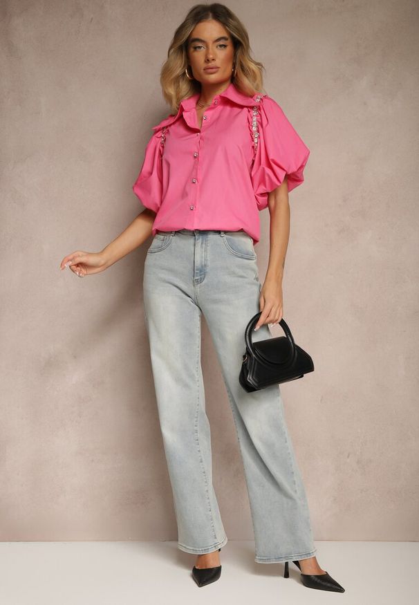 Renee - Fuksjowa Koszula Klymamene. Typ kołnierza: kolnierz wykładany. Kolor: różowy. Materiał: jeans, materiał, tkanina. Długość: krótkie. Wzór: gładki, jednolity