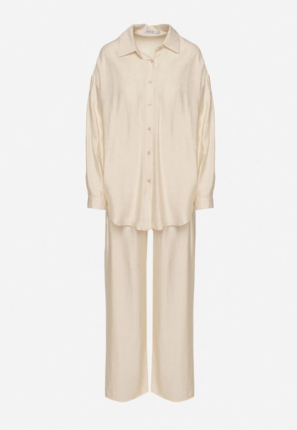 Born2be - Jasnobeżowy Komplet z Wiskozy Koszula i Spodnie Sesanila. Kolor: beżowy. Materiał: wiskoza. Wzór: kolorowy