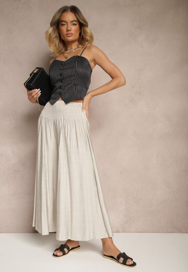 Renee - Jasnoszare Spodnie o Szerokim Kroju Kuloty High Waist o Długości 7/8 Ulanova. Okazja: na co dzień. Stan: podwyższony. Kolor: szary. Długość: długie. Styl: elegancki, casual