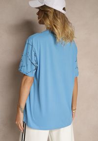 Renee - Jasnoniebieska Bawełniana Koszulka T-shirt z Nadrukiem Lanessae. Okazja: na co dzień, na imprezę. Kolor: niebieski. Materiał: bawełna. Wzór: nadruk. Styl: klasyczny, casual, elegancki #3