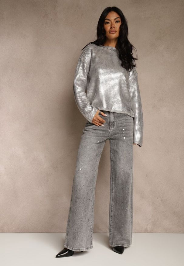 Renee - Szare Jeansy High Waist Wide Leg ze Świecącymi Drobinkami Luiza. Okazja: na co dzień. Stan: podwyższony. Kolor: szary. Styl: casual, elegancki