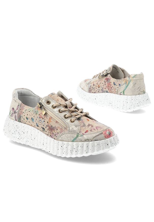 Sneakersy damskie Vinceza, cholewka ze skóry naturalnej z kolorowym, kwiatowym wzorem klasyczne sznurowanie dodatkowe zapięcie na zamek z boku, złote. Zapięcie: sznurówki. Kolor: złoty. Materiał: skóra. Szerokość cholewki: normalna. Wzór: kolorowy, kwiaty