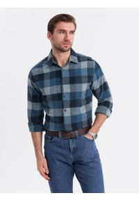 Ombre Clothing - Koszula męska flanelowa w kratę - niebieska V4. Kolor: niebieski. Materiał: bawełna. Styl: klasyczny