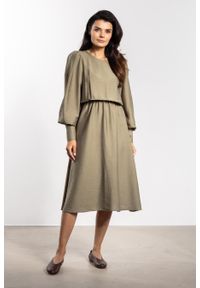 Infinite You - Elegancka sukienka rozkloszowana z długim rękawem zielona. Kolor: zielony, brązowy. Długość rękawa: długi rękaw. Styl: elegancki