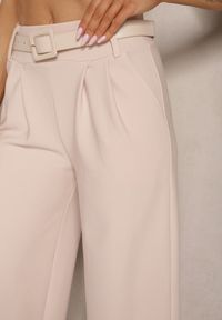 Renee - Beżowe Garniturowe Spodnie High Waist z Gumką i Dodatkowym Paskiem w Talii Mattine. Stan: podwyższony. Kolor: beżowy. Materiał: dzianina #4