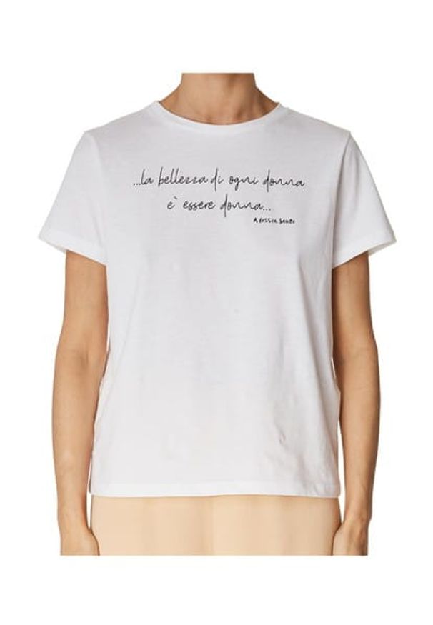 T-shirt z krótkim rękawem z napisem''Piękno każdej kobiety to bycie kobietą'' Alessia Santi. Kolor: biały. Materiał: bawełna. Długość rękawa: krótki rękaw. Długość: krótkie. Wzór: napisy
