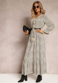 Renee - Biała Sukienka Endomela. Typ kołnierza: dekolt w serek. Kolor: biały. Długość rękawa: długi rękaw. Wzór: aplikacja. Styl: boho. Długość: maxi #5