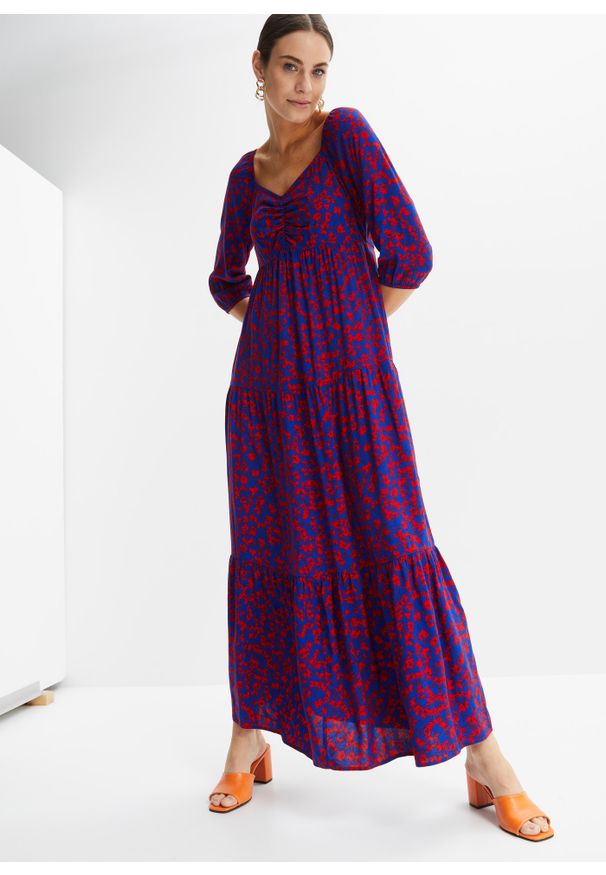 bonprix - Długa sukienka maxi ze zrównoważonej wiskozy. Kolor: niebieski. Materiał: wiskoza. Wzór: nadruk. Długość: maxi