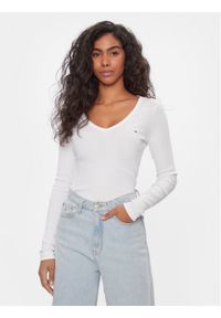 Tommy Jeans Bluzka Tjw Slim Essential Rib V Ls DW0DW17990 Biały Slim Fit. Kolor: biały. Materiał: bawełna