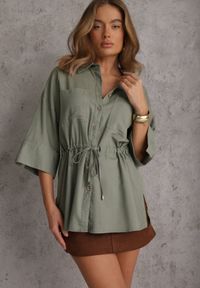 Renee - Zielona Koszula z Lnem Bawełną i Szerokimi Rękawami Moontwist. Okazja: na co dzień. Kolor: zielony. Materiał: bawełna, len. Styl: casual #1