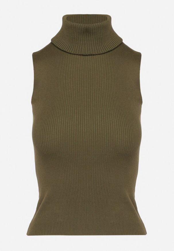 Born2be - Zielona Khaki Bluzka z Golfem bez Rękawów z Elastycznego Materiału Heliordia. Typ kołnierza: golf. Kolor: zielony. Materiał: materiał. Długość rękawa: bez rękawów. Styl: elegancki