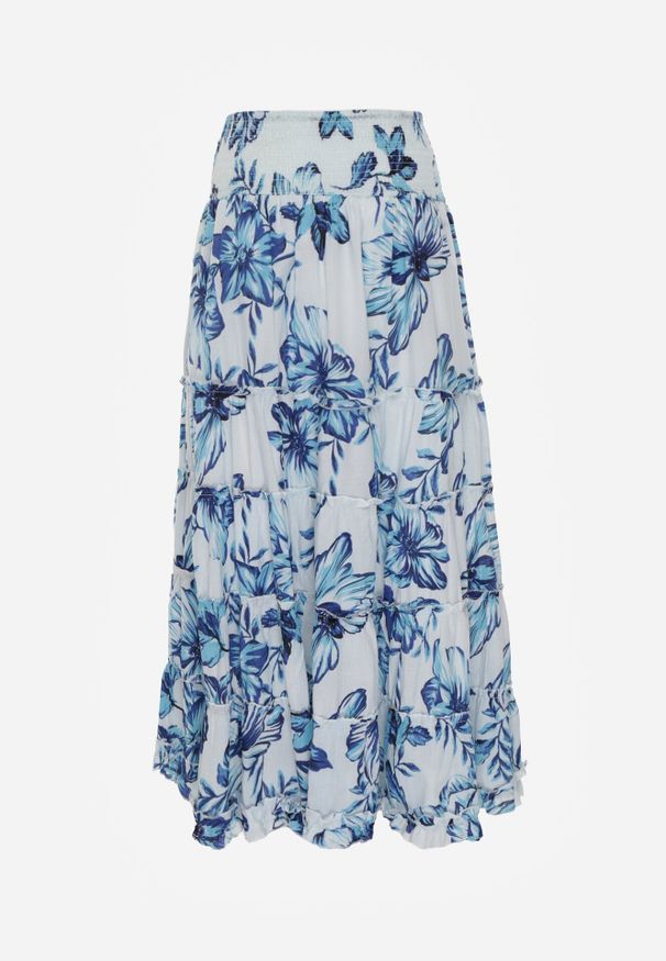 Born2be - Niebieska Bawełniana Spódnica Boho w Kwiaty z Przeszyciami w Stylu Falban Kairith. Okazja: na co dzień, na randkę. Kolor: niebieski. Materiał: bawełna. Długość: długie. Wzór: kwiaty. Sezon: lato. Styl: boho