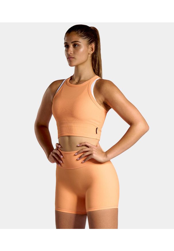 NORDICDOTS - Szorty sportowe damskie żebrowane. Kolor: pomarańczowy. Materiał: nylon. Sport: taniec, fitness, joga i pilates