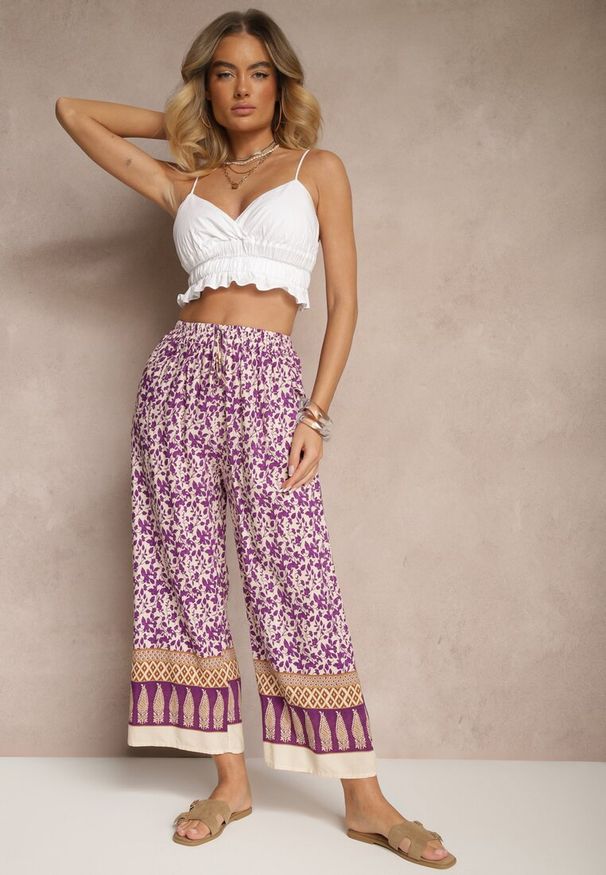 Renee - Fioletowe Spodnie z Bawełny High Waist z Abstrakcyjnym Wzorem Lisathiela. Okazja: na co dzień. Stan: podwyższony. Kolor: fioletowy. Materiał: bawełna. Styl: casual