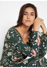 bonprix - Sukienka z kopertowym dekoltem z bawełnianego dżerseju. Typ kołnierza: dekolt w serek. Kolor: zielony. Materiał: jersey, bawełna. Długość rękawa: długi rękaw. Wzór: kwiaty, nadruk. Typ sukienki: kopertowe. Długość: midi #2