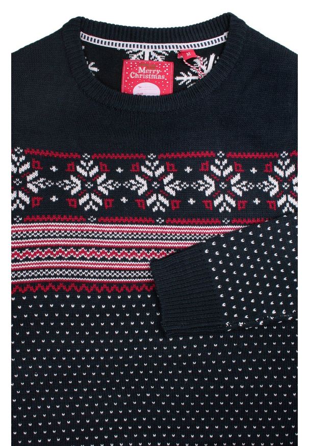 Świąteczy Sweter z Norweskim Wzorem, Granatowy - Brave Soul. Kolor: niebieski, czerwony, wielokolorowy. Materiał: akryl. Styl: wizytowy