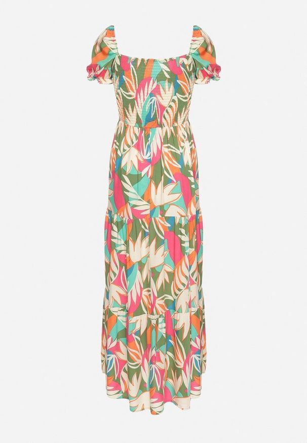 Born2be - Zielona Wiskozowa Sukienka w Kwiaty z Wiązaniem przy Dekolcie i Falbanką Meviera. Okazja: na co dzień, na randkę, na spacer. Kolor: zielony. Materiał: wiskoza. Wzór: kwiaty. Sezon: lato. Styl: casual