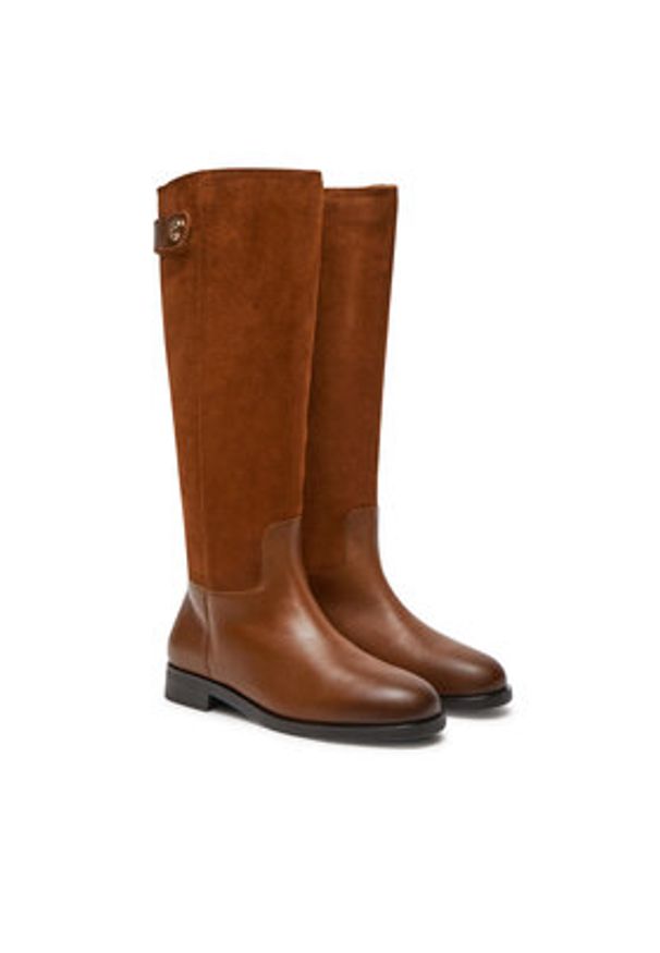 TOMMY HILFIGER - Tommy Hilfiger Oficerki Th Stud Leather Mix Long Boot FW0FW08341 Brązowy. Kolor: brązowy. Materiał: zamsz, skóra