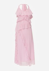 Born2be - Różowa Koktajlowa Sukienka Taliowana z Falbankami Wiązana na Szyi Demeina. Okazja: na co dzień. Typ kołnierza: kołnierz z falbankami. Kolor: różowy. Materiał: poliester. Typ sukienki: proste. Styl: wizytowy #4