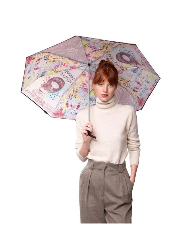 Brązowy Elegancki Parasol Damski Anekke. Kolor: brązowy. Wzór: napisy, aplikacja