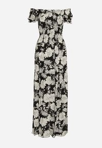 Born2be - Czarno-Biała Sukienka z Wiskozy Typu Hiszpanka z Marszczonym Dekoltem Yelbia. Typ kołnierza: dekolt hiszpanka. Kolor: czarny. Materiał: wiskoza. Wzór: kwiaty #2