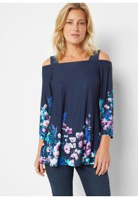 bonprix - Shirt cold-shoulder, z kwiatowym nadrukiem. Kolor: niebieski. Wzór: nadruk, kwiaty