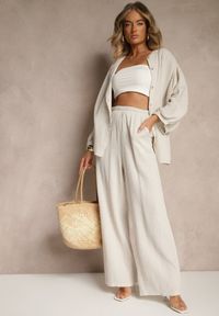 Renee - Beżowy Bawełniany Komplet Muślinowy Oversize z Koszulą i Szerokimi Spodniami Ziorina. Kolor: beżowy. Materiał: bawełna. Wzór: aplikacja