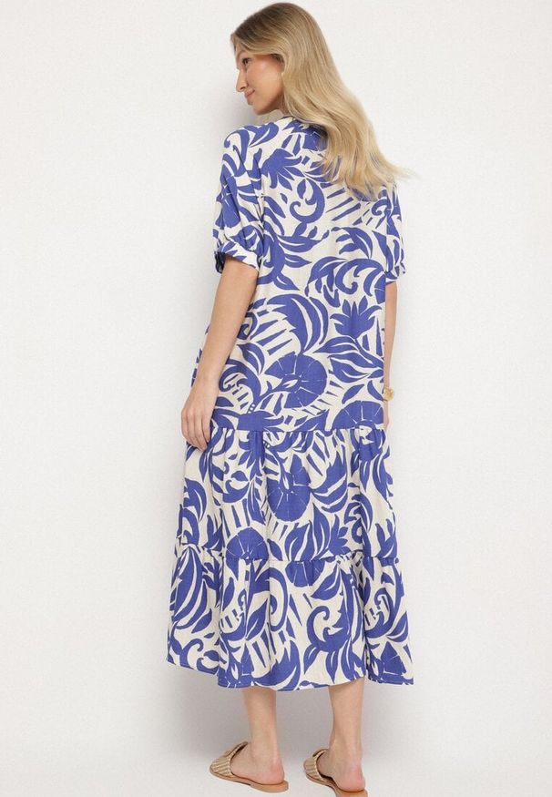 Born2be - Niebieska Wiskozowa Rozkloszowana Sukienka z Falbaną Filindania. Okazja: na co dzień. Kolor: niebieski. Materiał: wiskoza. Styl: casual, elegancki