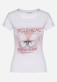 Born2be - Biały Bawełniany T-shirt z Nadrukiem Motyla i Cyrkoniami Uliriela. Okazja: na co dzień. Kolor: biały. Materiał: bawełna. Wzór: nadruk. Sezon: lato. Styl: klasyczny, casual