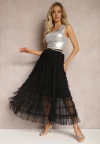 Renee - Czarna Bawełniana Spódnica Ozdobiona Falbankami Maxi Creama. Kolor: czarny. Materiał: bawełna. Długość: długie. Wzór: aplikacja. Sezon: lato