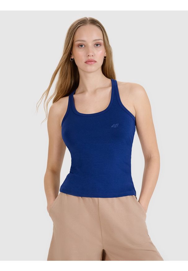 4f - 4F Top slim gładki damski - granatowy XXL. Kolor: niebieski. Materiał: jersey, dzianina, materiał, elastan, bawełna. Wzór: gładki