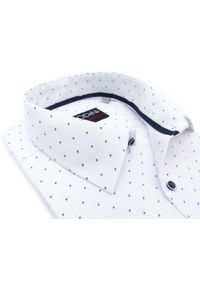 Modini - Biała koszula męska w granatowy wzorek A49. Kolor: biały, wielokolorowy, niebieski. Materiał: bawełna, poliester, tkanina. Długość: długie. Styl: klasyczny #1