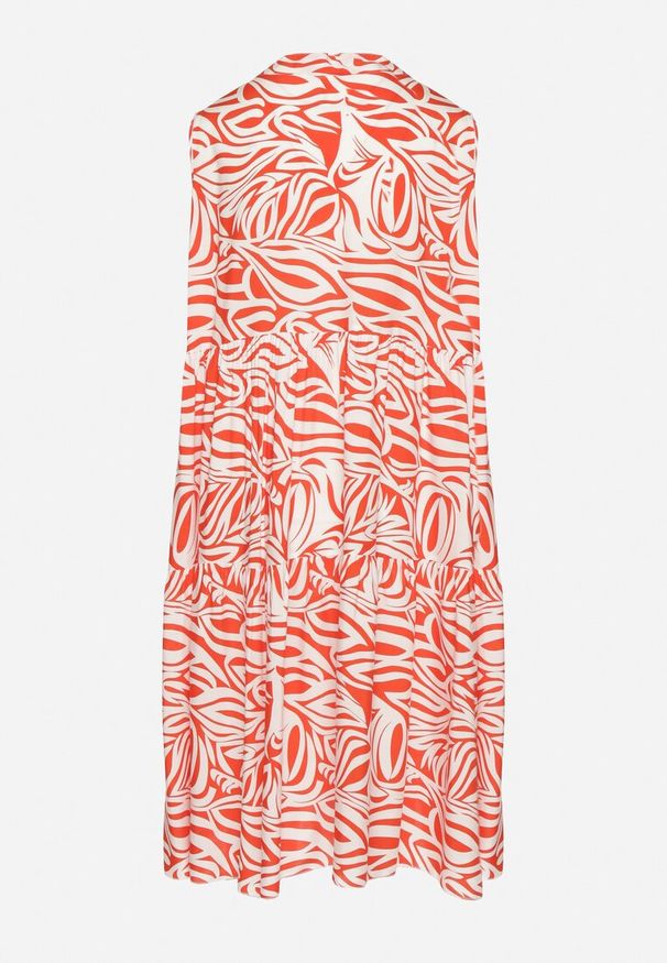 Born2be - Czerwona Bawełniana Rozkloszowana Sukienka z Geometrycznym Wzorem Annivaria. Okazja: na co dzień. Typ kołnierza: dekolt w kształcie V. Kolor: czerwony. Materiał: bawełna. Wzór: geometria. Typ sukienki: rozkloszowane. Styl: casual, klasyczny, elegancki