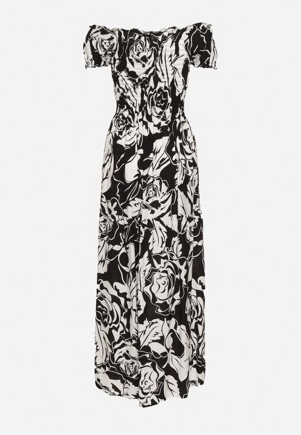 Born2be - Czarno-Biała Rozkloszowana Sukienka z Wiskozy Typu Hiszpanka z Marszczonym Dekoltem Daleri. Typ kołnierza: dekolt hiszpanka. Kolor: czarny. Materiał: wiskoza. Długość rękawa: krótki rękaw. Wzór: kwiaty. Sezon: lato. Styl: elegancki, klasyczny